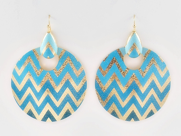 Round metal turquoise and gold glitter chevron dangle earrings.