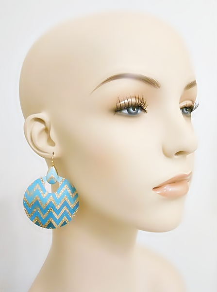 Round metal turquoise and gold glitter chevron dangle earrings.