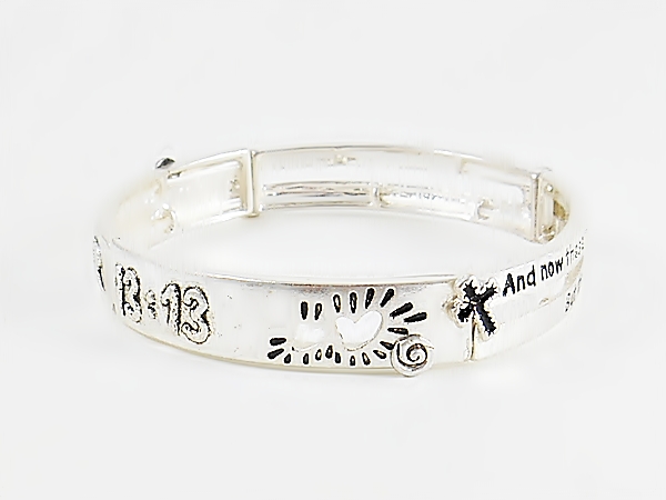 Bible verse Christian silver stretch bracelet with 1 Corinthians 13:13 features black lettering and accents including a heart, anchor and cross along with heart cutouts.