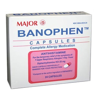 Case of 144-Banophen Generic Benadryl 25 mg Capsule 24 By Major Pharma USA 