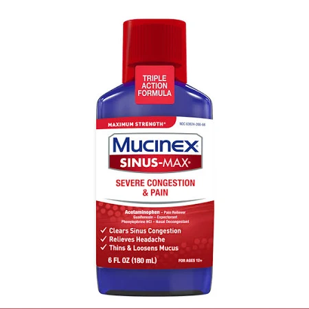 Pack of 12-Mucinex Sinus Max Sever Cngs Relief Liquid 6 oz By RB Health  USA 