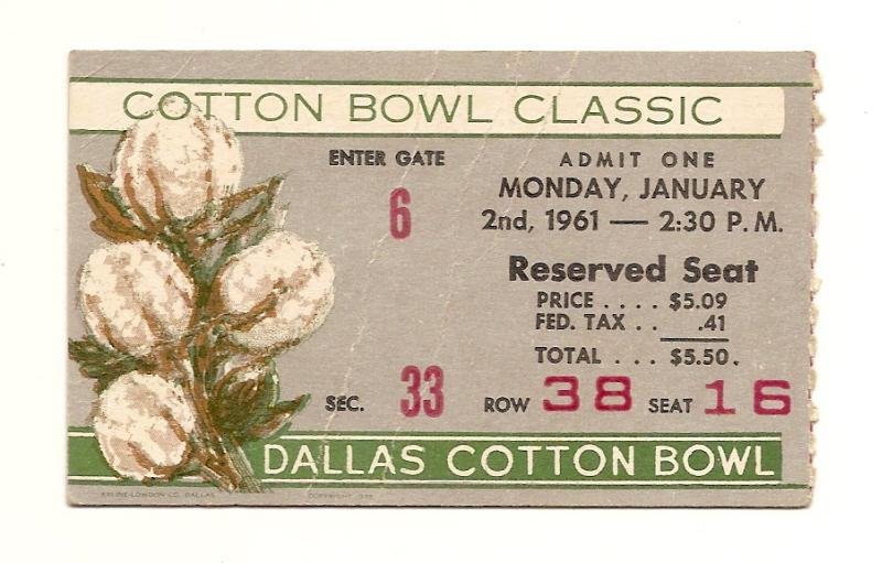 PrestoMart 1961 Cotton Bowl Game Ticket Stub Duke Arkansas