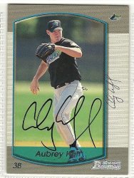 Thumbnail of aubrey huff signed autographed baseball card 2000 bowman Rays Giants