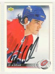 Thumbnail of john leclair signed autographed hockey card 1992 upper deck