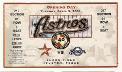 Thumbnail of 2001 Houston Astros Opening day Ticket Vs Brewers