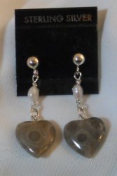Thumbnail of Petoskey Stone Heart Earrings with freshwater pearl accent SS Posts Mi SOLD