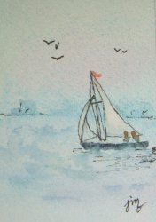 Thumbnail of ACEO Original Sailing on the Bay Sailboat Watercolor Miniature BJs