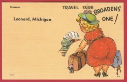 Thumbnail of Leonard Mi Postcard Comic Lady Train Linen postcard BJ's 2