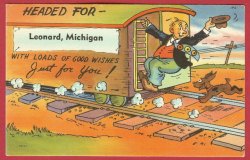 Thumbnail of Leonard Mi Postcard Comic Man Dog Train Linen postcard BJ's 4
