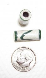 Thumbnail of Raku fired--about 20mm long tube, pale blue/gray with hunter green design