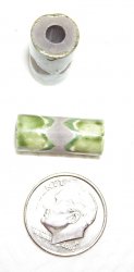 Thumbnail of Raku fired--about 20mm long tube, unglazed gray center with two-tone green ends