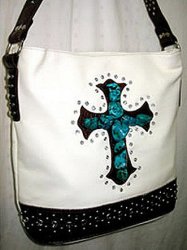 Thumbnail of Rhinestone & Turquoise Stone Cross Bucket Purse - Cream