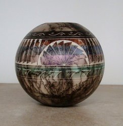 Thumbnail of Tom Vail Horse Hair Pottery Etched & Painted Seed Pot with Sunburst Design