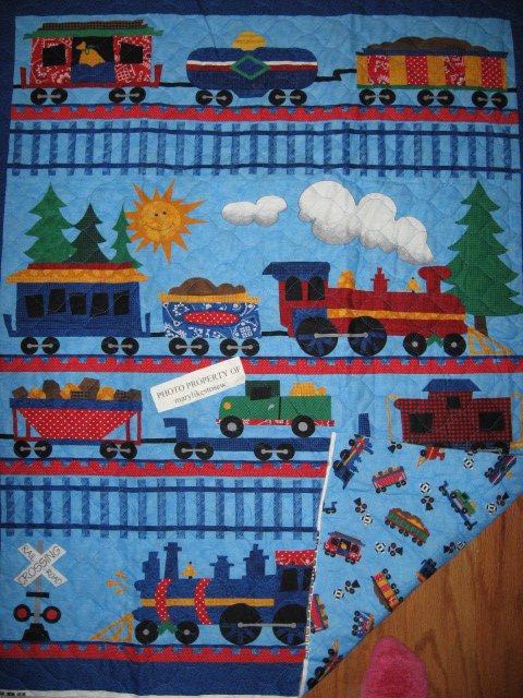 Image 0 of Train Engine Cars Tracks Baby Crib quilt fabric panel you Sew the edge          