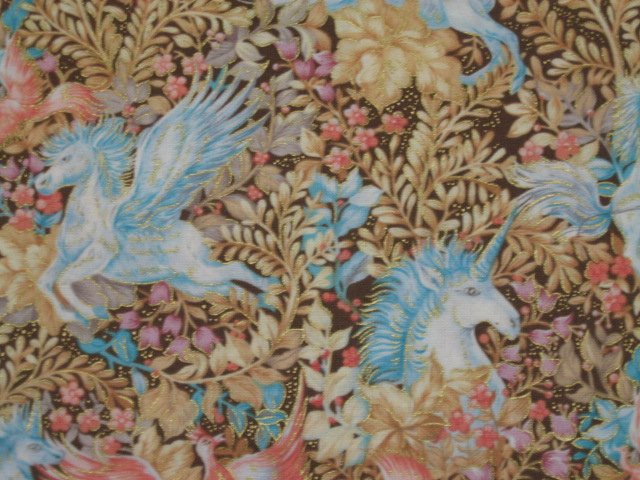 Image 1 of Unicorn Pegasus Horse Phoenix Bird Gilded Cotton Quilt fabric 1/2 yard RARE