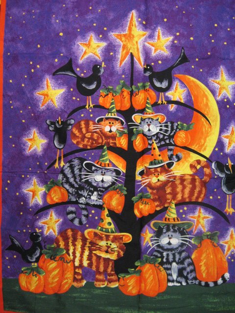 Cats witch hats Pumpkins Crows purple Cotton Fabric Wall Throw Panel to sew /