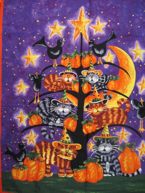 Image 0 of Cats witch hats Pumpkins Crows purple Cotton Fabric Wall Throw Panel to sew /