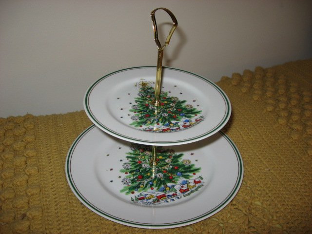 Image 0 of Salem Porcelain Christmas Tree tidbit tray two tier serving plates 
