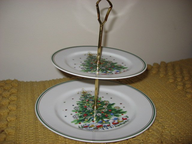 Image 1 of Salem Porcelain Christmas Tree tidbit tray two tier serving plates 