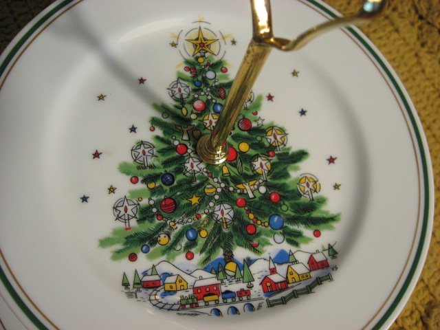 Image 2 of Salem Porcelain Christmas Tree tidbit tray two tier serving plates 