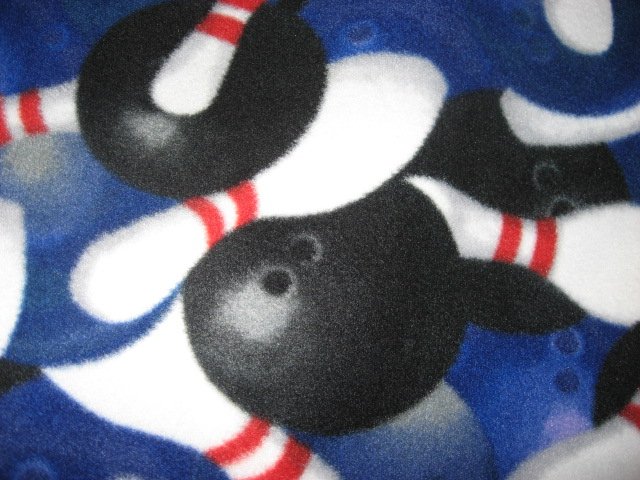 Image 1 of Fleece blanket pictures of bowlingballs pins handmade
