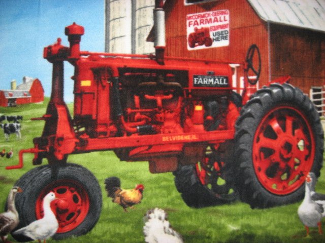 Image 1 of Farmall Tractor Fleece blanket Farm Barn and geese