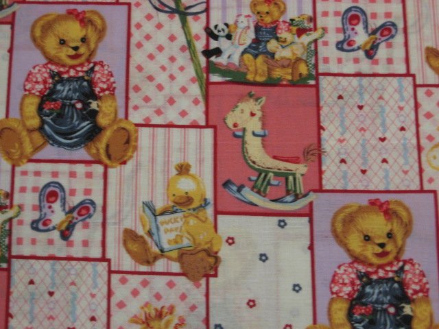 Image 1 of Blue Jean Teddy Bear Girl Blossom Quilt Pink Cotton Fabric by the yard