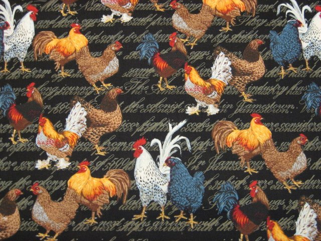 Chickens and roosters farm animals black cotton sewing Fabric by