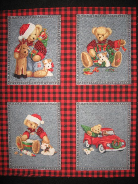 Blue Jean Teddy Bear Christmas 4 Cotton Fabric Pillow Panels