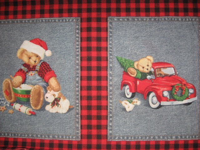 Image 1 of Blue Jean Teddy Bear Christmas 4 cotton Fabric Pillow panels RARE to sew SET #1