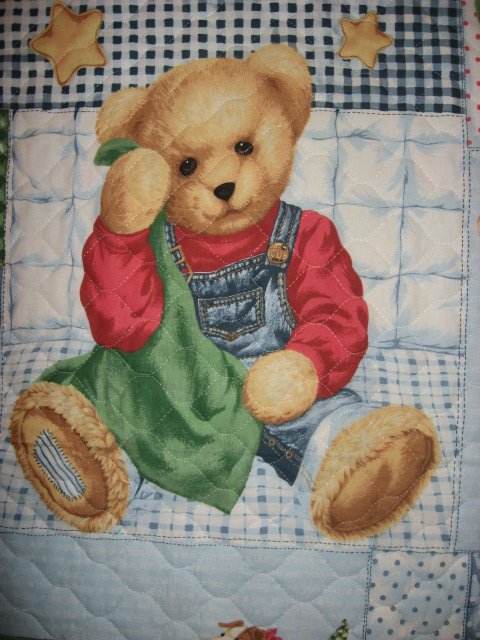 Daisy Kingdom Blue Jean Teddy finished crib quilt fabric panel 