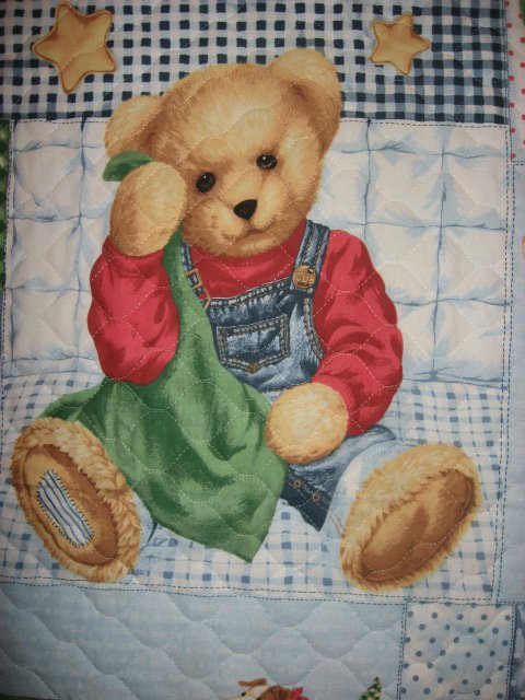 Image 0 of Daisy Kingdom Blue Jean Teddy finished crib quilt fabric panel 