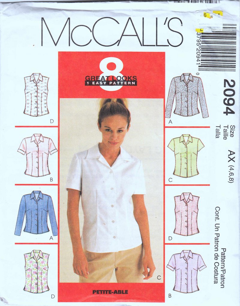 McCall's woman's sewing pattern 2094 Misses tops Size AX 4,6,8 