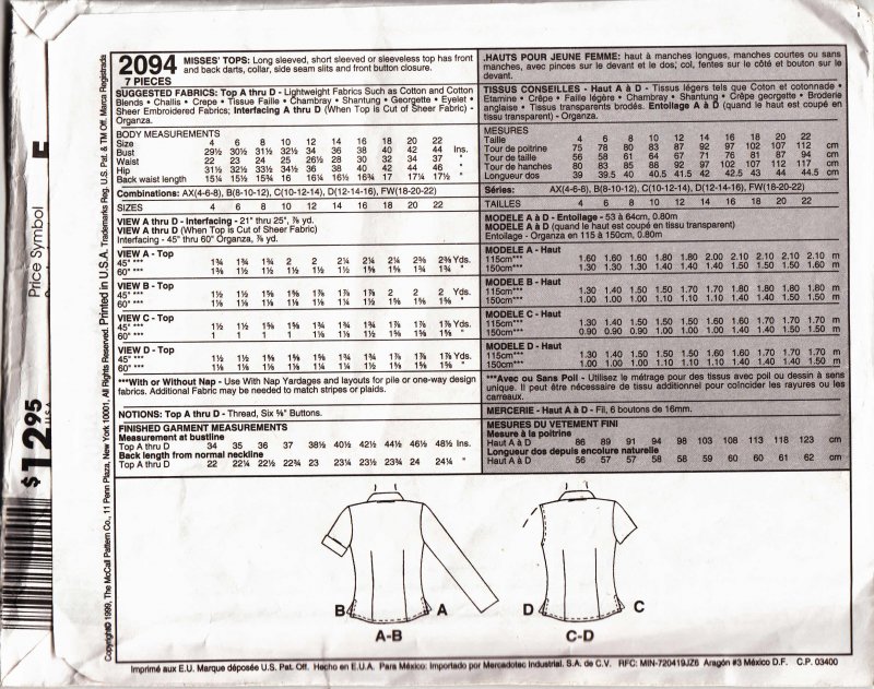 Image 1 of McCall's woman's sewing pattern 2094 Misses tops Size AX 4,6,8 