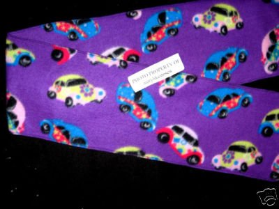 VW Beetle cars and peace flowers on a purple retro look fleece scarf