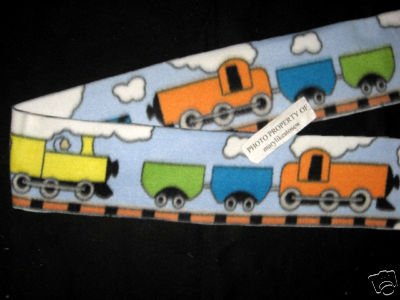 Image 0 of Train orange locomotive  cars child size blue fleece scarf