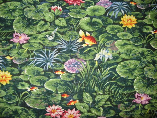 Goldfish with lily pads in a pond Cotton quilt fabric By the Yard