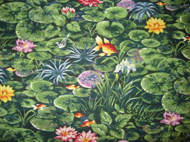 Image 0 of Goldfish with lily pads in a pond Cotton quilt fabric By the Yard