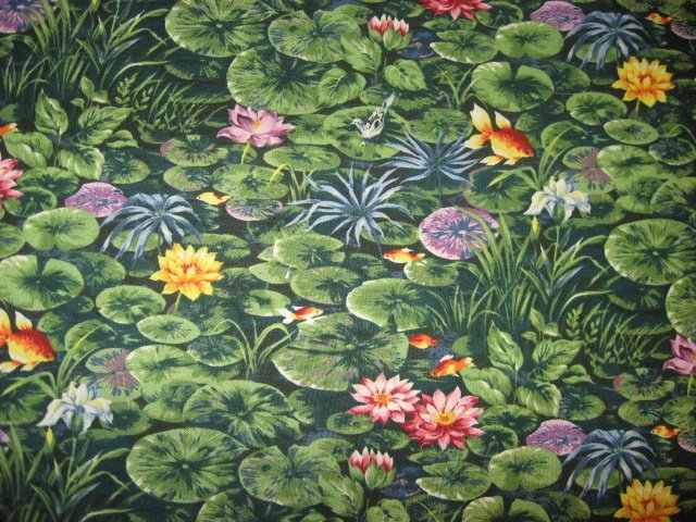 Image 1 of Goldfish with lily pads in a pond Cotton quilt fabric By the Yard