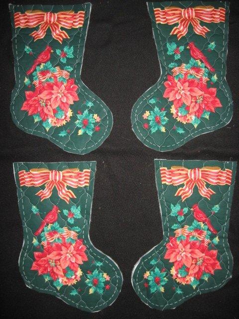 Image 0 of Cardinal birds 4 pieces Prequilted fabric Christmas stockings to sew