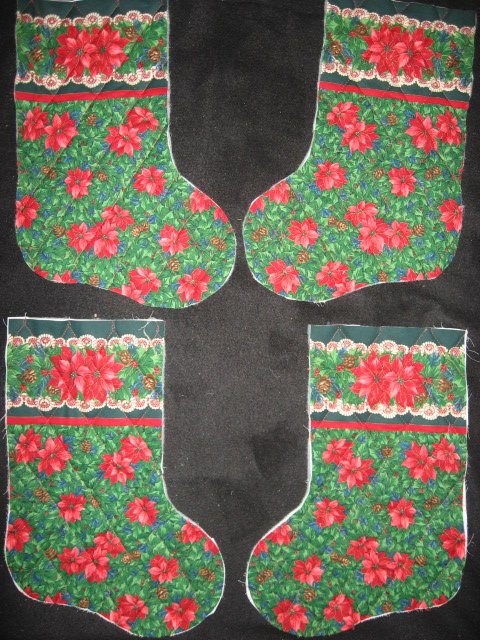Pine Cone Pointsettia 4 pieces Prequilted fabric Christmas stockings to sew