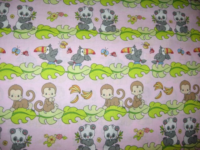 Toucan Monkey Panda Precious Moments  pink Stripe Fabric by the yard