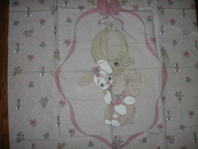 Image 1 of Girl Bunny Precious Moments rare Fabric wall Panel throw to sew Vintage 
