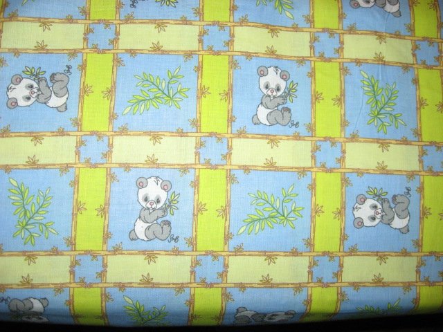 Panda Precious Moments cotton Fabric blue and green squares by the yard