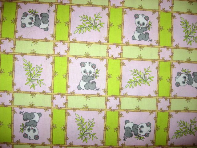 Panda Precious Moments  pink and green Squares Fabric by the yard