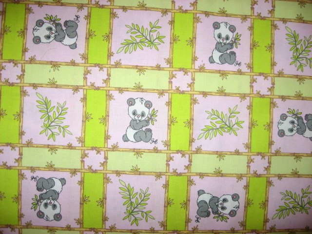 Image 0 of Panda Precious Moments  pink and green Squares Fabric by the yard