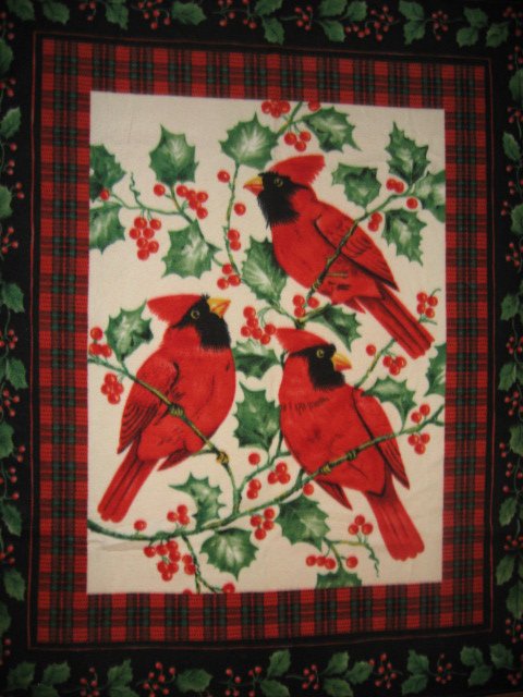 Cardinal and Holly berries Border Winter Antipill Bed Size Fleece Blanket 
