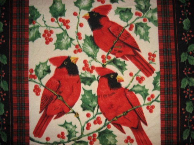 Image 1 of Cardinal and Holly berries Border Winter Antipill Bed Size Fleece Blanket 