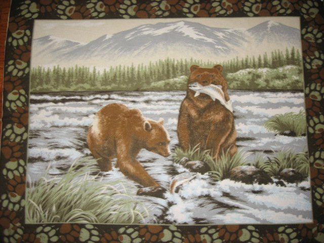 Bear Salmon and fish in the river Panel Fleece blanket Panel 72 Wide bed size