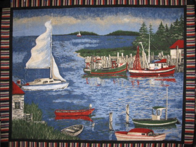 Image 0 of Harbor Scene Sailboats Pines Fleece Blanket Panel 
